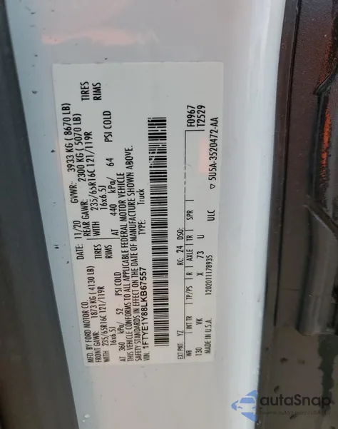 2020 Ford Transit T-150 из США, поврежденный, VIN 1FTYE1Y88LKB67557